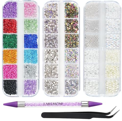 EARLMONI 5200PCS Nail Gems for Nail Art, AB Crystal Flat Back Rhinestones Nail Charms with Nail Pearls, Rhinestone Picker Tool, Dimonties Gems Rhinestones for Face Eye Makeup