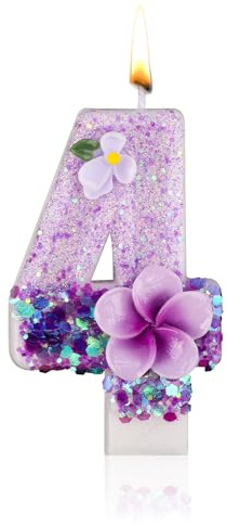 Bougie d'Anniversaire en Forme de Chiffre, Bougie d'Anniversaire en Forme de Fleur Violette Bougie Scintillante en Forme de Chiffre Bougie en Paraffine en Forme de Chiffre (Numéro 4)