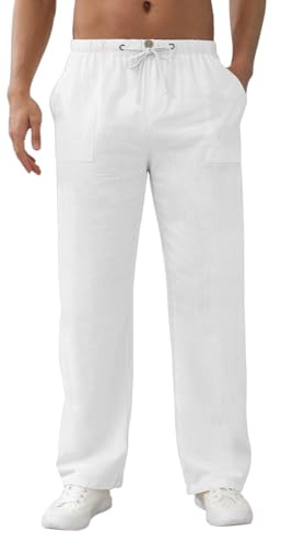 Aisprts Pantalon Lino Hombre Pantalones Holgados de Ocio Pantalones Ligeros de Verano para Hombre con Bolsillos, Cintura Elástica y Cordón, Beige, XXL