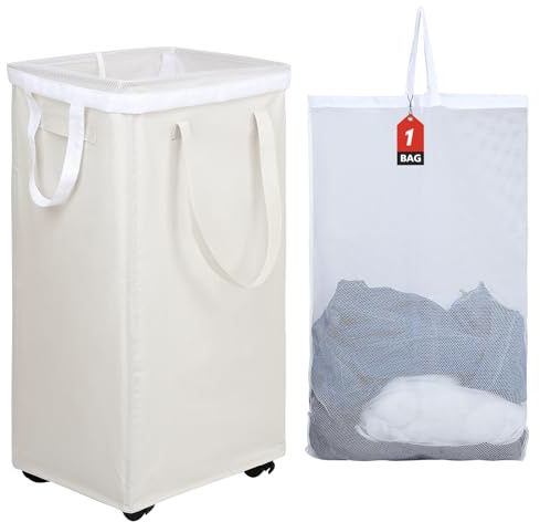 DOKEHOM 90L Grande Cesto per la Biancheria con Sacco Lavabile Rimovibile su Ruote, Cesto per la Biancheria con Ruote Pieghevole, Organizzatore di Vestiti Pieghevole (Beige) | Cesto portabiancheria pieghevole con borsa rimovibile in rete. Portabiancheria pieghevole ad alta capacità