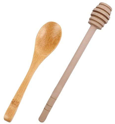 2PCS Wooden Honey Dipper & Spoon Set,Honey Spoon， 6-Inch Honey Sticks with Long Handle for Honey Jar Dispensing & Kitchen Use