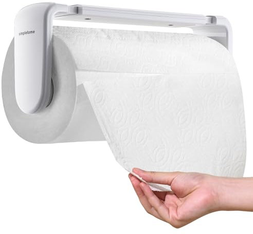 simpletome Paper Towel Holder Under Cabinet or Wall Mount ONE HAND Operation Tension Arm Kitchen Roll Holder (White, for 24-28cm/9.4-11inches roll)