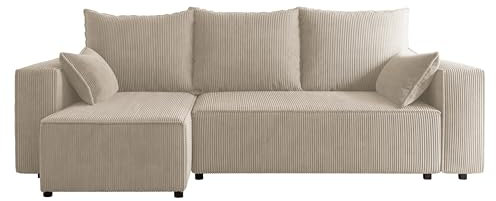 4ALL HOME Ecksofa mit Schlaffunktion Tobi 246x145 cm - Couch - Sofa mit Bettkasten - Eckcouch - L-Form - Schlaffsofa - Schlafsofa mit Bettkasten - Universal (Cord Poso 100 Beige)