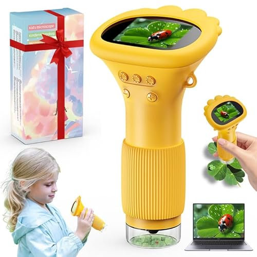 Microscope Numérique pour Enfants, écran IPS 2.0, 1000X Microscope de Poche pour, avec 8 LED, Peut être connecté au PC Via USB, Cadeau éducatif pour Enfants à partir de 3 Ans（Couleur Orange）