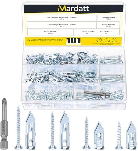 Mardatt 100 Ensemble d'ancrages autoperforants pour cloison sèche avec vis, 12x30mm 12x40mm acier galvanisé, ancre murale autotaraudeuse, vis à tête simple, application facile, pas de perceuse