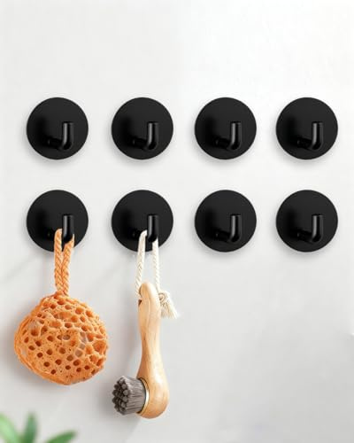 YLITREUS Ganci Adesivi da Parete 8 Pezzi Nero - Ganci Autoadesivi da Parete in Acciaio Inox Nero per Bagno Cucina Camera - Gancio per Asciugamani, Chiavi e Vestiti Senza Forare