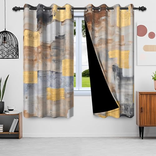 AOFOTO Yellow Blackout Curtains 63 inch Long 2 Panels Abstract Curtain Room Darkening Grommet Window Treatments Modern Decorative for Bedroom Living Room 42x63 Inch