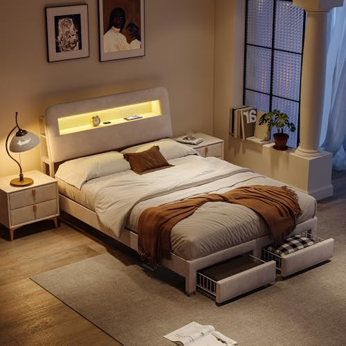 JiaOyu Polsterbett 140x200 cm mit LED Kopfteil & USB Ladefunktion, Stauraumbett mit 2 Schubladen und Stauraum Rückenlehne, Elegantes Samt Doppelbett, ohne Matratze (Beigegrau+LED, 140x200CM)