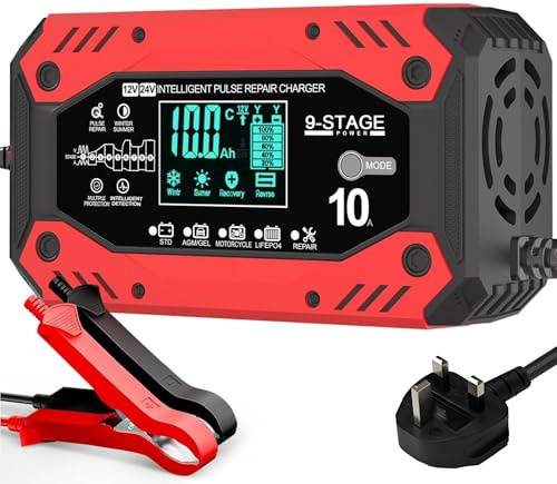 10-Amp Car Battery Charger & Maintainer 12V/24V Automotive Smart Trickle Charger with Temperature Compensation - For Cars, Trucks, Motorcycles & More