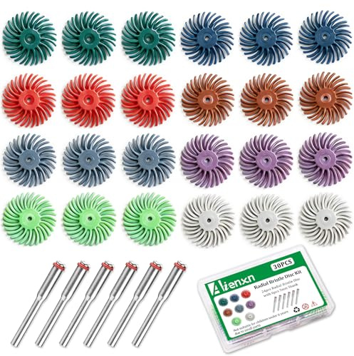 Aienxn 30PCS 1 Radial Bristle Disc Kit with 3mm Shank for Rotary Tools, Detail Abrasive Wheel Grit 80-2500 for Jewelry Wood Metal Polishing, Bristle Wheel Q-114
