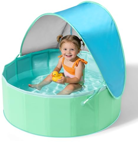 Hikiddy Planschbecken mit Schatten:31.5Zoll /47 Zoll / 63 Zoll Pop-Up Splash Pool mit Schatten für Sommer Strand Garten (Blau&Minzgrün, 80CM)