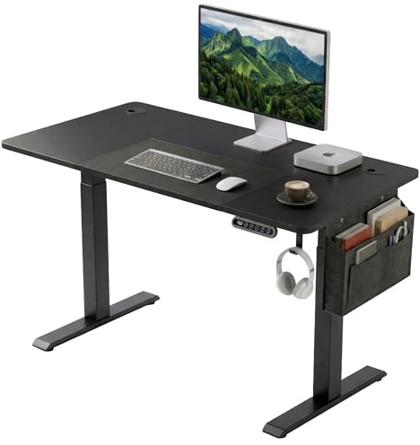 Blisswood Electric Standing Desk Height Adjustable 110 × 60cm, Sit Stand Small Computer Office Desk with Memory Smart Panel, Splice Board PC Table with Storage Pockets, Home Writing Workstation_Black