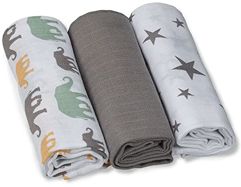 GRÜNSPECHT Pflege-/Waschtücher 30x30cm aus 100 % Baumwolle, Spucktücher, Waschlappen, ohne optische Aufheller, hautfreundlich & saugstark, 6 Stück, taupe, Sterne, Elefanten (1501-V1)