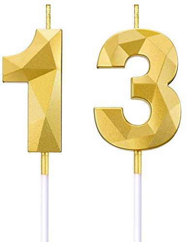 BBTO 13. Geburtstag Nummer Kerzen 3D Diamant Form Kuchen Kerzen Zahl 13 Kuchen Topper Dekoration für Geburtstag Hochzeit Jahrestag Feier Lieferung, Gold