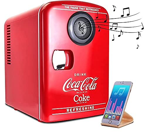 Coke Mini Kühlschrank für Schlafzimmer 4L Kleiner Kühlschrank 6 Dosen Tischkühlschrank Kühler Wärmer mit eingebautem Bluetooth Wireless Lautsprecher für Home Desk Office Food Drinks (Rot)
