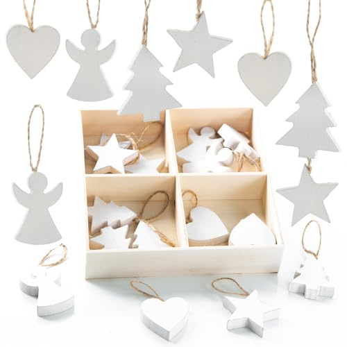 24 Holzanhänger Weiß Weihnachten – Sterne, Engel, Herzen & Bäumchen – 3,5–4,5 cm – Baumschmuck & Geschenkanhänger mit Schnur – Christbaumschmuck