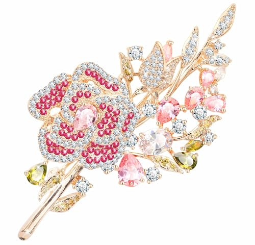 KristLand Blumen Brosche Weiß Vergoldete Brosche Retro Art Deco Rosen Blume Outfits Brosche mit Funkelnden Zirkonia Perle Hochzeit Party Braut Geburtstag Geschenk für Damen