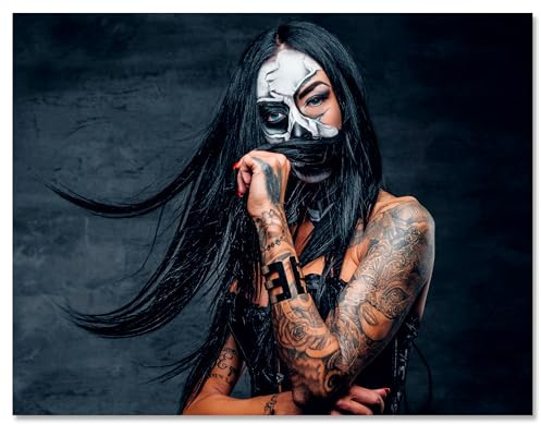 wandmotiv24 Leinwandbild Models, Querformat, Tattoos, Frau, Model, Makeup, Totenkopf M0469