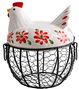Kitchen Storage Metal Wire Egg Basket with Ceramic Farm Chicken Cover Fresh Egg Holder/Organizer Case/Container