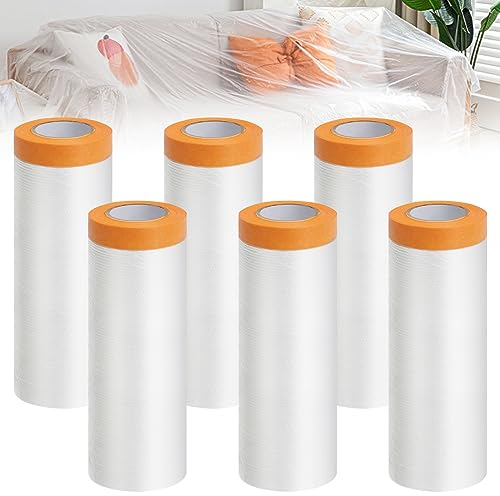 ANZOAT 6 Rollen Abdeckfolie mit Klebeband, 150cm*20cm Transparent Gewebeklebeband, Selbstklebend PET Masker Tape, UV Beständig Goldband zum Staubschutz