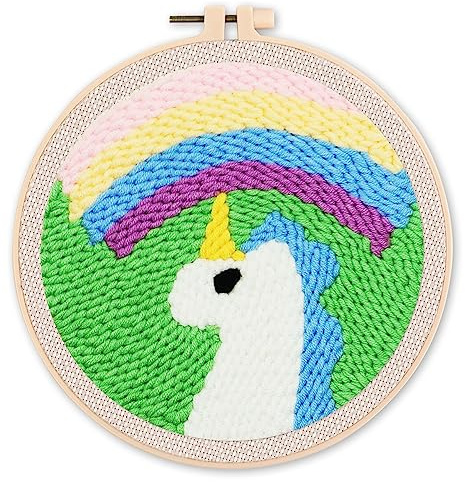 Figured'Art Punch Needle Set für Erwachsene - Stickerei, ideal für Anfänger - Pastellfarbenes Einhorn und Regenbogen - 20x20cm mit rundem Rahmen