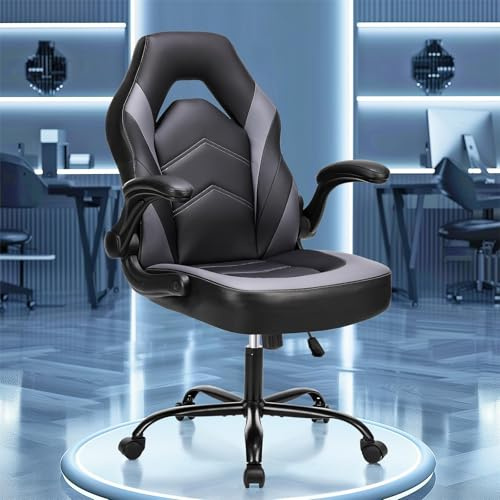 OLIXIS Ergonomisk kontorsdator spelstol med ländryggsstöd flip-up-armar justerbar höjd PU-läder svängbar med hjul, 25,98 D x 25,39 B x 41,73 H, djupgrå
