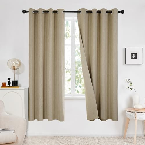 Deconovo Full Blackout Curtains with Double-sided Faux Linen Eyelet Natural Thermal Insulated Curtains for Windows, 66 x 72 Inch(Width x Length), Taupe, 2 Panels