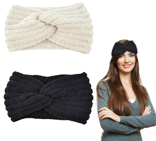 Vordpe 2 Stück Stirnband Damen Winter, Gestrickte Haarreifen für Frauen Mädchen, Haarband Ohrenwärmer Elastische für Outdoor Sport, Skifahren, Laufen (Schwarz + Weiß)