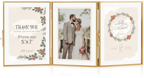 Jajamy Gold Floating Frames, Vintage 5x7 Triple Folding Picture Frame, Hinged Glass Picture Frames with Three Opening for Artwork Photo Stand on Tabletop