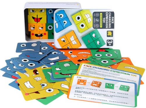 CBOSNF Gesichter Spiel Ausdruckspuzzle Ausdruck Holzwürfel Puzzle,Bunte Zauberwürfel Baustein Interaktion Spielzeug,Sensorik Spielzeug Bauwürfel Holzpuzzle Gesichter für Kinder-C