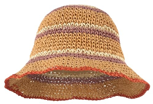 Meliyya Damen Papierstroh Sonnenhut Gestreift Strohhut Faltbarer Verstellbar Sommer Strandhut Breite Krempe Sommerhut, Rot