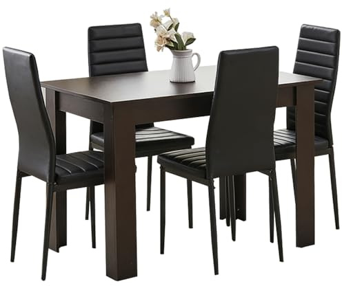 Homullel 5 Piece Dining Room Table and Chairs Set for Dining Room Kitchen, Modern Wooden Dining Table with Chairs for Family Dinner Set (With 4Pcs Black Leather Chairs, 110cm Black Table)