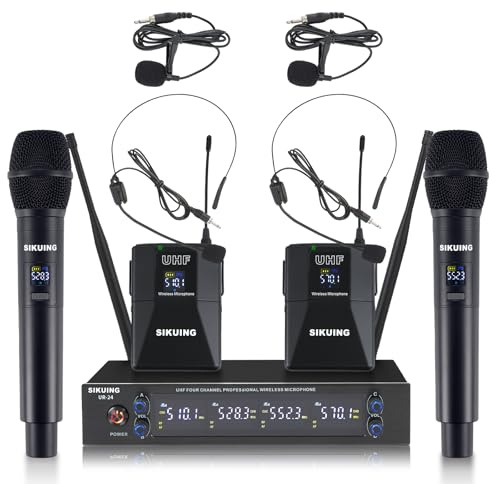SIKUING 4 Channel UHF Wireless Microphone System with Lavalier Headset Mics, 4x50 Adjustable Frequencies, Ideal for Karaoke Meeting Church, 300ft Range (2 Handheld 2 Bodypack)