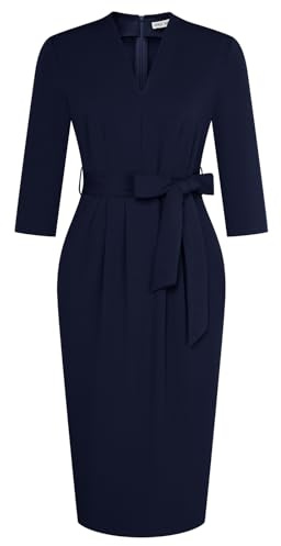 GRACE KARIN Business Dresses for Women 3/4 Sleeve V Neck Sheath Dress Navy Blue Warp Work Dress Slim Classy Formal Church Dresses for Women M