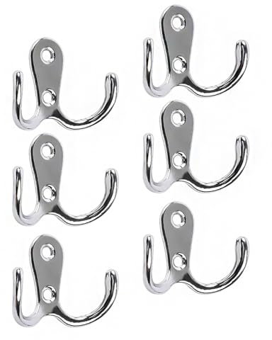 6 Pcs Dual Coat Door Hooks, Double Prong Coat Hooks Wall Mounted with 12 Pcs Screws, Chrome Hanger for Bathroom Bedroom Door Wall Hanging, Coat, Scarf, Bag, Robe, Towel, Key & Cap (Silver)