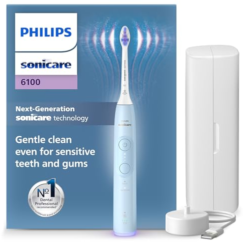 Philips Sonicare 6100 Electric Toothbrush, Sonic Toothbrush with 2 Brushing Modes and 3 Intensity Levels, Pressure Alert, EasyStart, SmarTimer, Light Blue, Model HX7406/02 [New Technology]