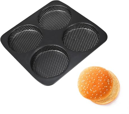Punta de hamburguesa, molde de hamburguesa de acero al carbono de 4 cavidades, molde de pan sin palanca de palos, sartén para hornear para hornear hamburguesas.