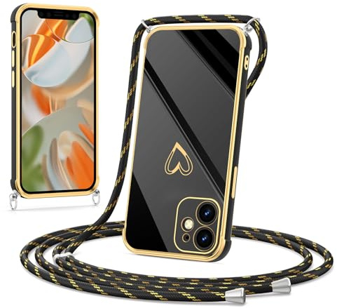 Noyabox Coque de protection avec bande pour iPhone 11 - En silicone galvanisé - Motif cœur - Anti-chocs - Avec protection de l'appareil photo - Élégante - Pour femmes et filles - Noir