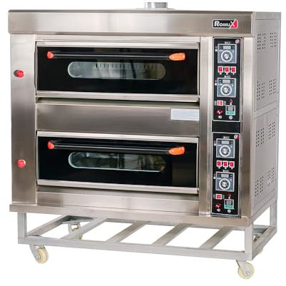 Romux Forno per pizza industriale doppio a gas butano 4+4x32 cm con pavimento in ceramica refrattaria e termostato di qualità | Temperatura max 400°C - 20000W | Forno professionale per bar e
