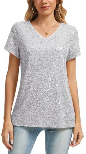 MINTLIMIT Damen Pailletten Metallic Tops Oberteil Kurzarm V-Ausschnitt T-Shirt Bluse Fully Lined Freizeit Party Festival Club