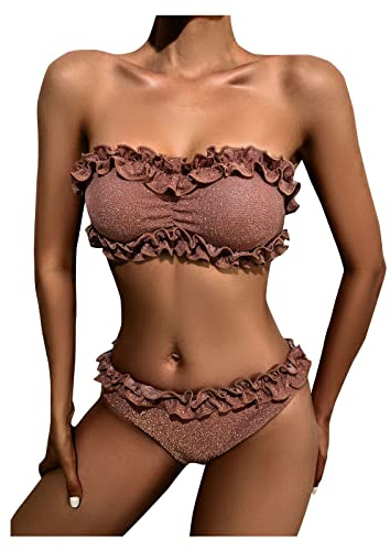 Bikini Donna Sexy Costume Donna 2 Pezzi Elegante Set di Costumi da Bagno Up Costumi da Bagno in Pizzo con Paillettes Plissettati Costume Premaman 2 Pezzi (Brown XL)