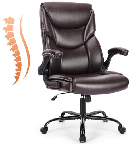 Sweetcrispy Computer Gaming Chair, Ergonomic High Back Heavy Duty Task Desk Office Chairs with Wheels, Flip-up Arms, Adjustable Height, PU Leather,Dark Brown