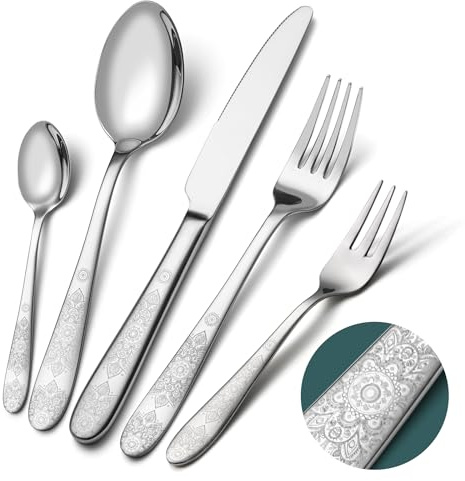 EIUBUIE Besteck Set 12 Personen, 60-teilig Besteck mit einzigartigem Muster | Vintage Besteckset, Edelstahl Tafelbesteck, Messer Gabel Löffel, Hochglanzpoliert, Spülmaschinenfest Essbesteck,Haus/Küche