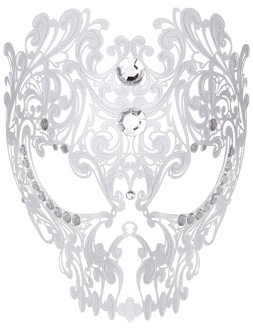 JewelryWe Masque Crâne Halloween Métallique: Demi Masque Gothique Homme Femme avec Strass pour Bal Masqué, Mascarade, Venise, Accessoire Cosplay, Cadeau Soirée et Fête