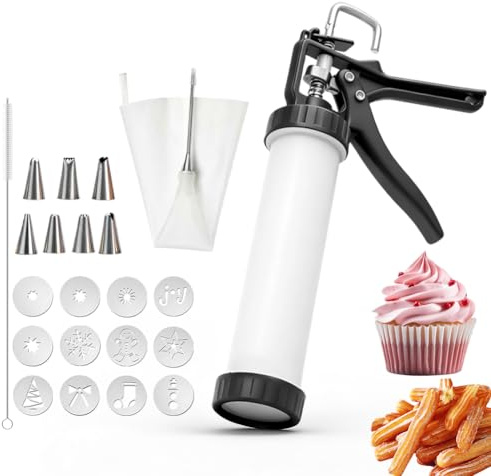MIUUIPI Gebäckpresse für Spritzgebäck Edelstahl Spritzgebäck Presse, Kekspress Spritzgebäck Profi Gebäckpresse mit 12 Schablonen, 8 Tüllen und Spritzbeutel, Plätzchenpresse für Kuchen Kekse Dessert