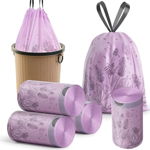 200 PCS Bin Bags Lavender Scented Small 2.6 Gallon Trash Bags 10-15L Bin Liners with Drawstrings for Home Office Kitchen & Bathroom that Leaves Your Swing Bin Smelling Fresh Beautiful Print 45 * 50CM
