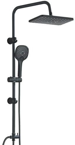 Harnart Regendusche Duschsystem Ohne Armatur Duscharmatur Komplettset Set Duschstange mit brause Duschkopf mit Schlauch und Halterung,Eckig Kopfbrause Duschset Schwarz