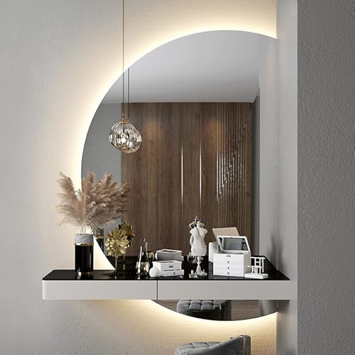 Aenmezen Specchio da Bagno a LED a Mezzaluna, Specchio Decorativo Retroilluminato Senza Cornice, Luce Bianca/Neutra/Calda, Anti-nebbia Antideflagrante(Right cut,110 * 70cm)