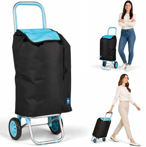 BAKAJI Carrello per la spesa Trolley portatutto POSEIDON con Vano Termico Portaoggetti da 35 Litri, Carrellino Portaspesa Borsa Termica Integrata e Ruote Silenziose in EVA, 36 x 30 x 90 cm (Azzurro)
