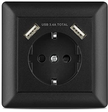 Enchufe pared USB 3.4A Negro, Kaifire Schuko Toma de corriente con 2 puertos USB System 55 Instalación empotrado - Cargador para Smartphone Tablet MP3
